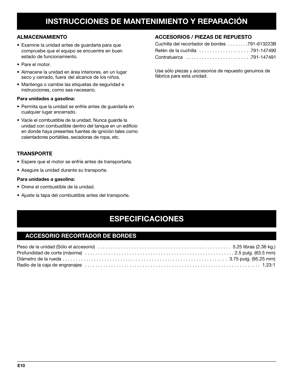 Especificaciones, Instrucciones de mantenimiento y reparación | Troy-Bilt 769-02047 User Manual | Page 34 / 36