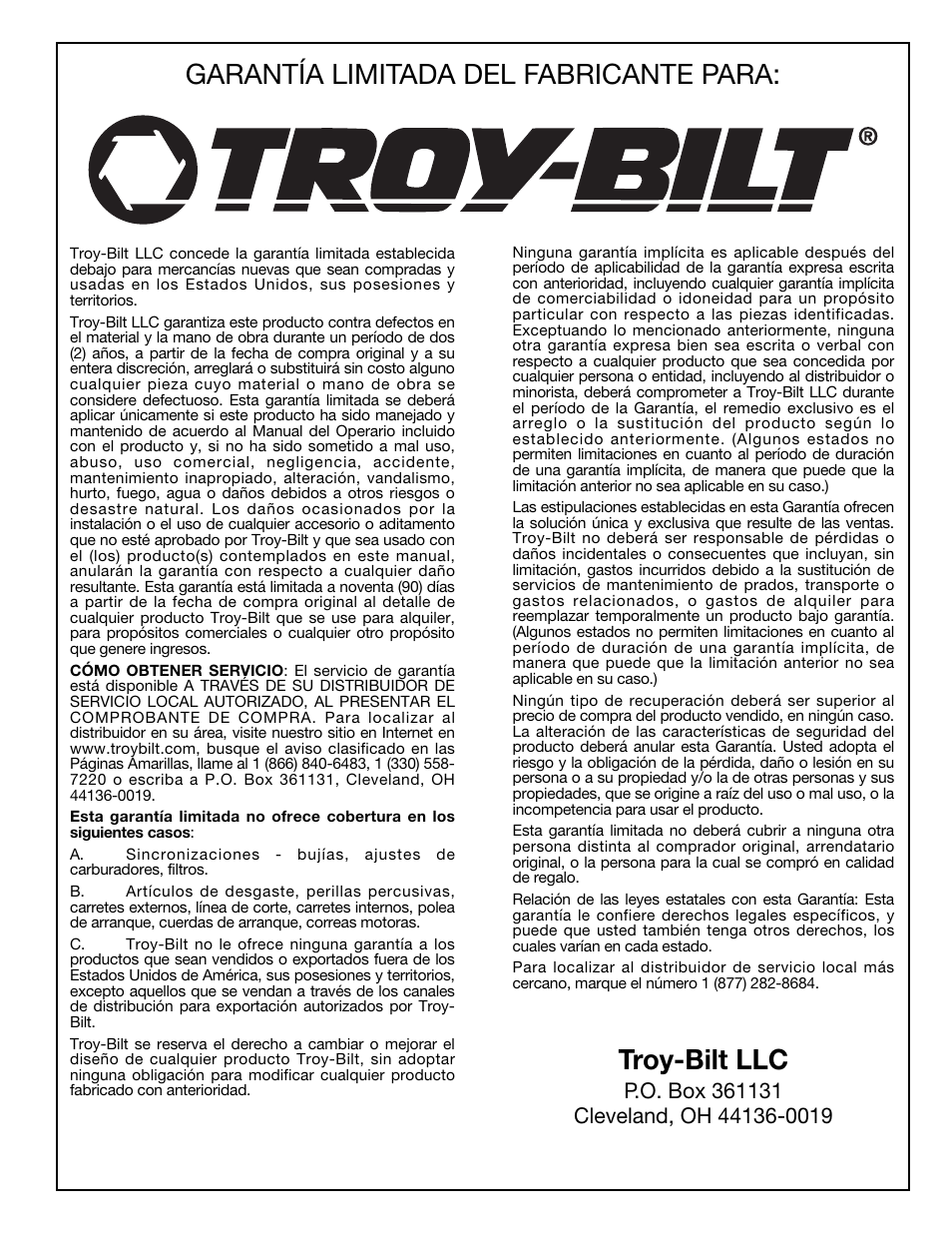 Garantía limitada del fabricante para, Troy-bilt llc | Troy-Bilt 769-02047 User Manual | Page 36 / 36