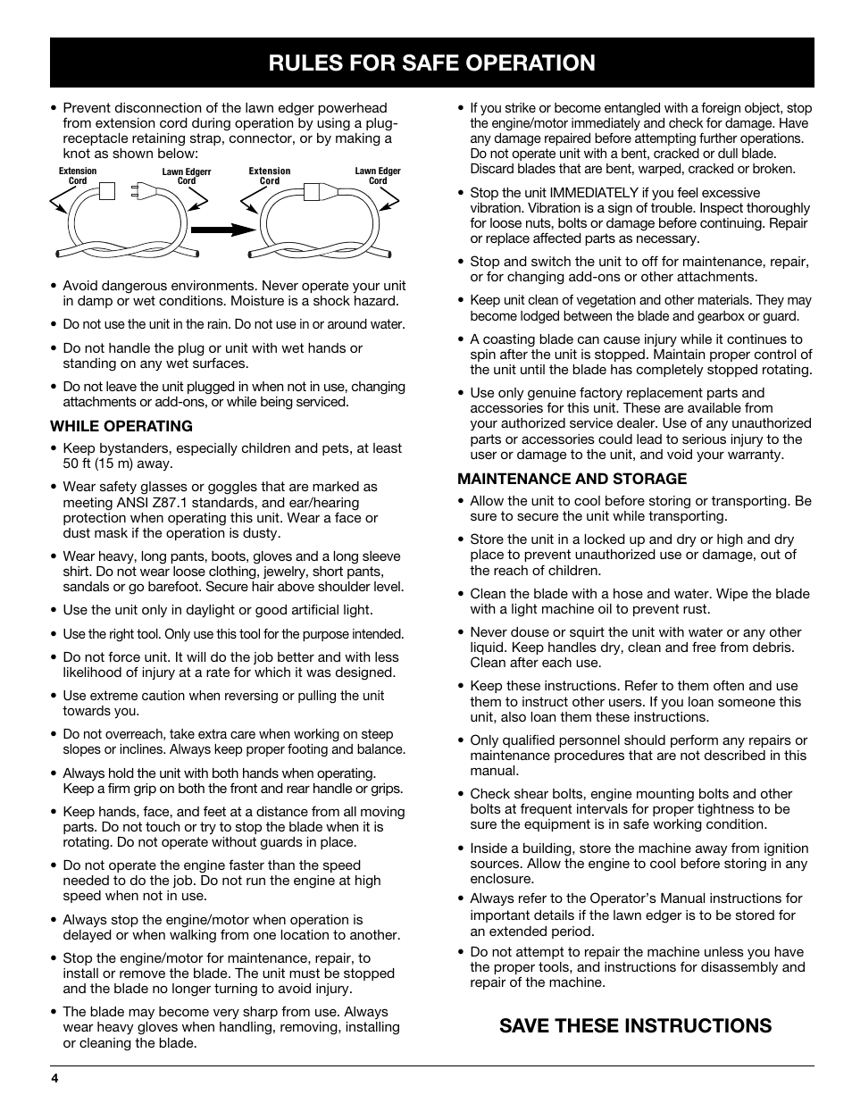 Rules for safe operation, Save these instructions | Troy-Bilt 769-02047 User Manual | Page 4 / 36