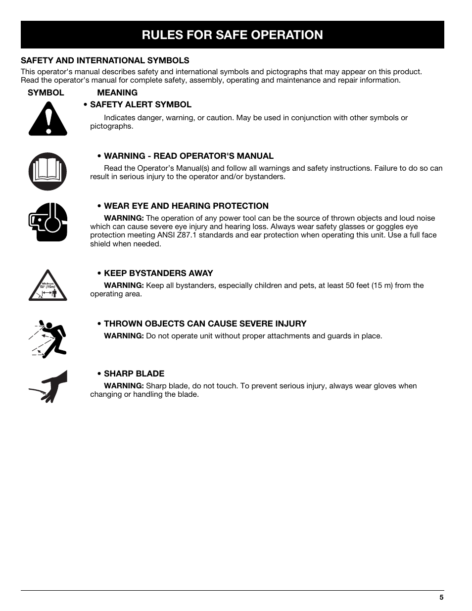 Rules for safe operation | Troy-Bilt 769-02047 User Manual | Page 5 / 36