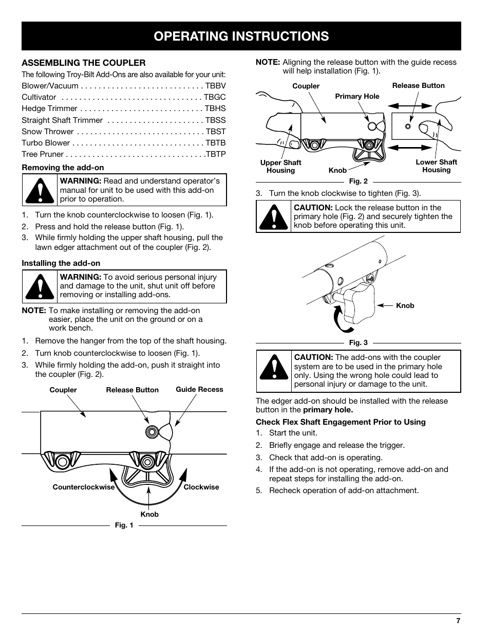 Operating instructions | Troy-Bilt 769-02047 User Manual | Page 7 / 36