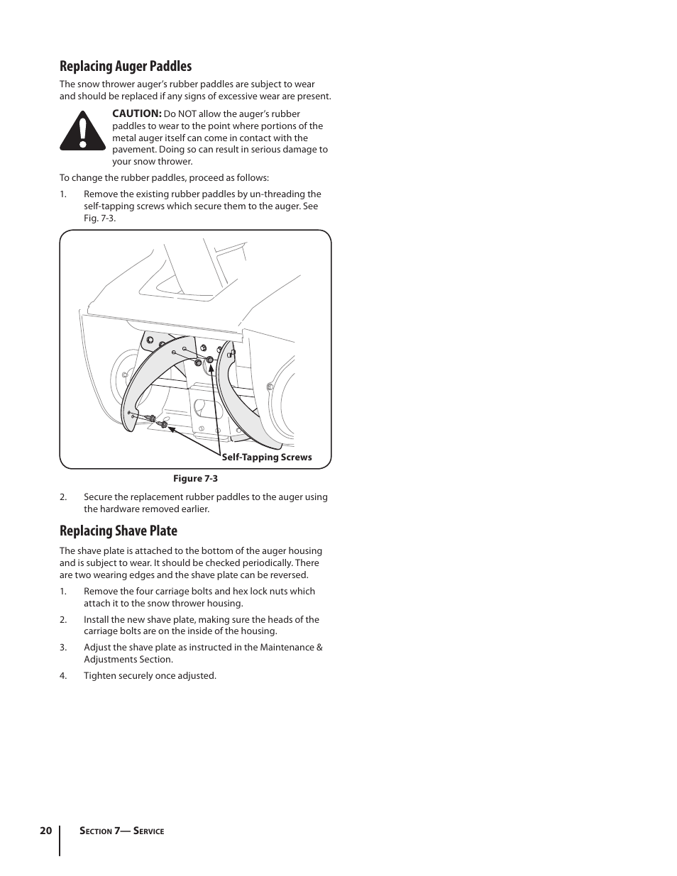 Replacing auger paddles, Replacing shave plate | Troy-Bilt 2100 User Manual | Page 20 / 52