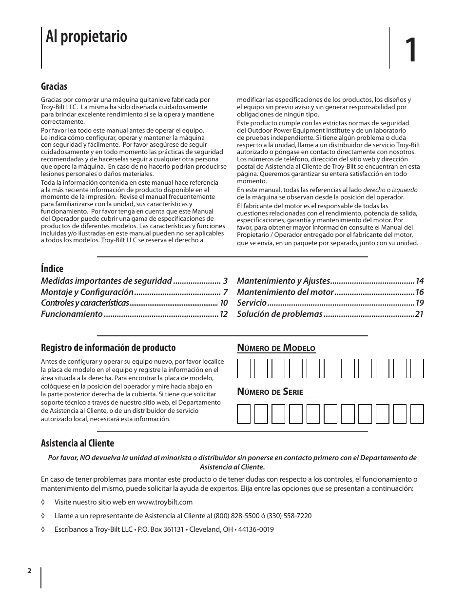 Al propietario, Registro de información de producto, Índice n | Asistencia al cliente, Gracias | Troy-Bilt 2100 User Manual | Page 28 / 52