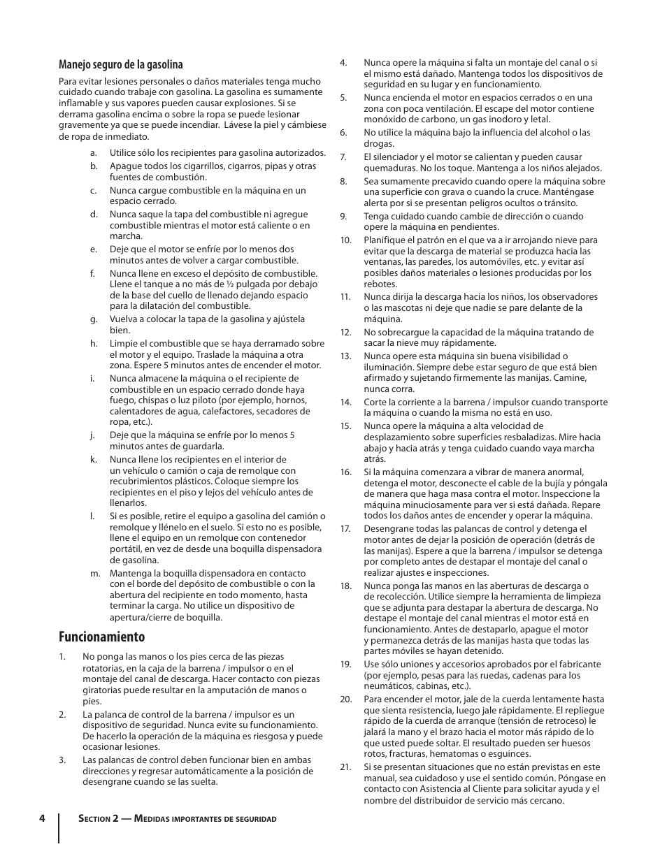 Funcionamiento, Manejo seguro de la gasolina | Troy-Bilt 2100 User Manual | Page 30 / 52