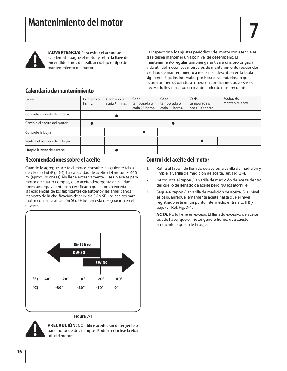 Mantenimiento del motor, Calendario de mantenimiento, Recomendaciones sobre el aceite | Control del aceite del motor | Troy-Bilt 2100 User Manual | Page 42 / 52