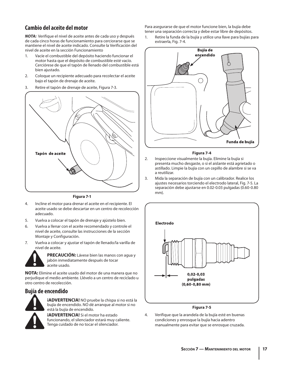 Cambio del aceite del motor, Bujía de encendido | Troy-Bilt 2100 User Manual | Page 43 / 52