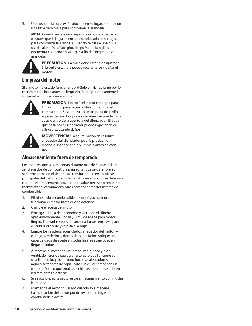 Limpieza del motor, Almacenamiento fuera de temporada | Troy-Bilt 2100 User Manual | Page 44 / 52