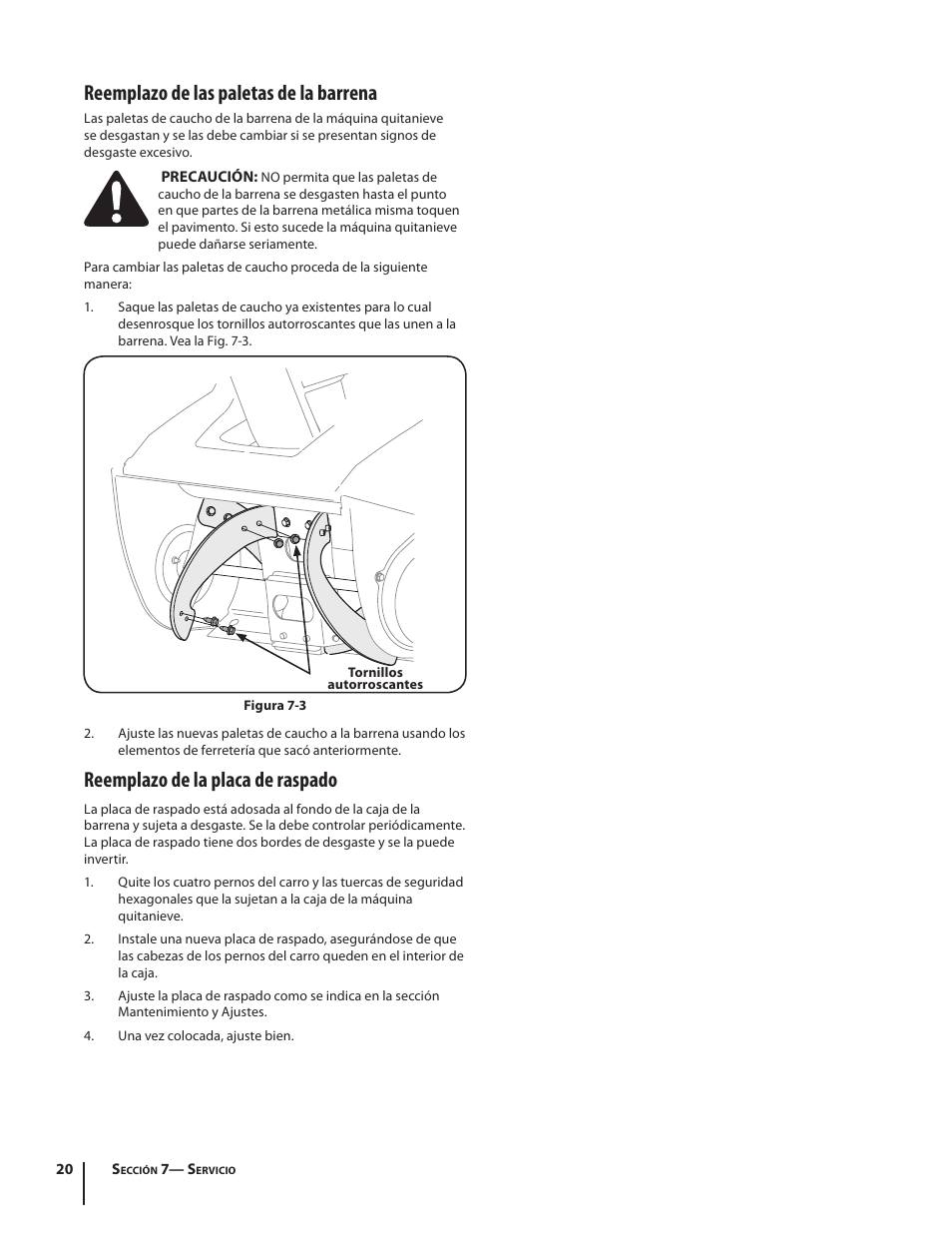 Reemplazo de las paletas de la barrena, Reemplazo de la placa de raspado | Troy-Bilt 2100 User Manual | Page 46 / 52