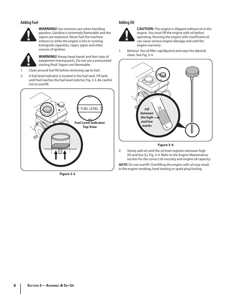 Adding fuel, Adding oil | Troy-Bilt 2100 User Manual | Page 8 / 52