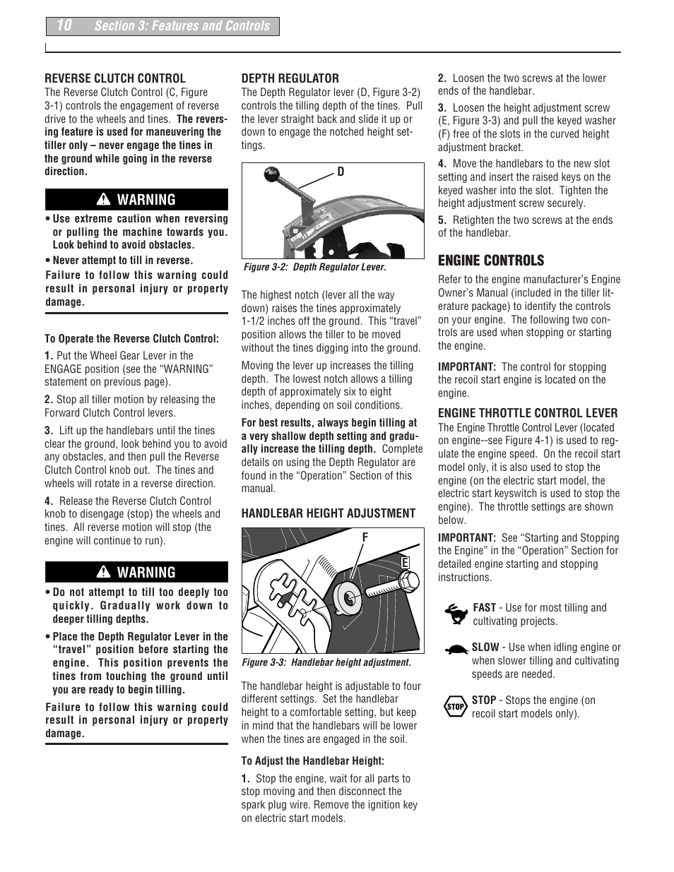 Engine controls, Warning | Troy-Bilt 664D-Pony User Manual | Page 10 / 40