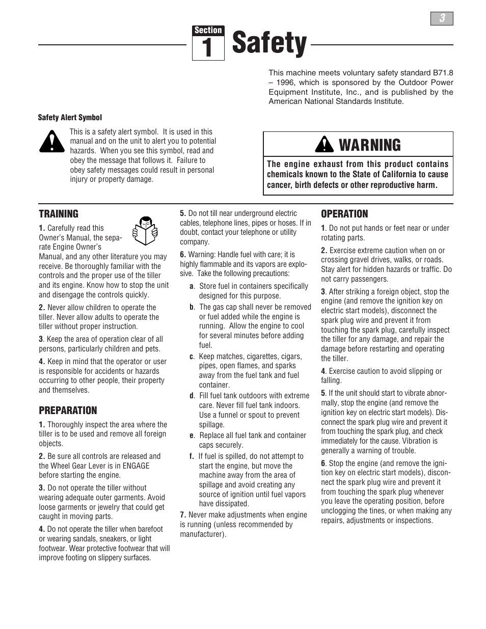 Safety, Warning | Troy-Bilt 664D-Pony User Manual | Page 3 / 40