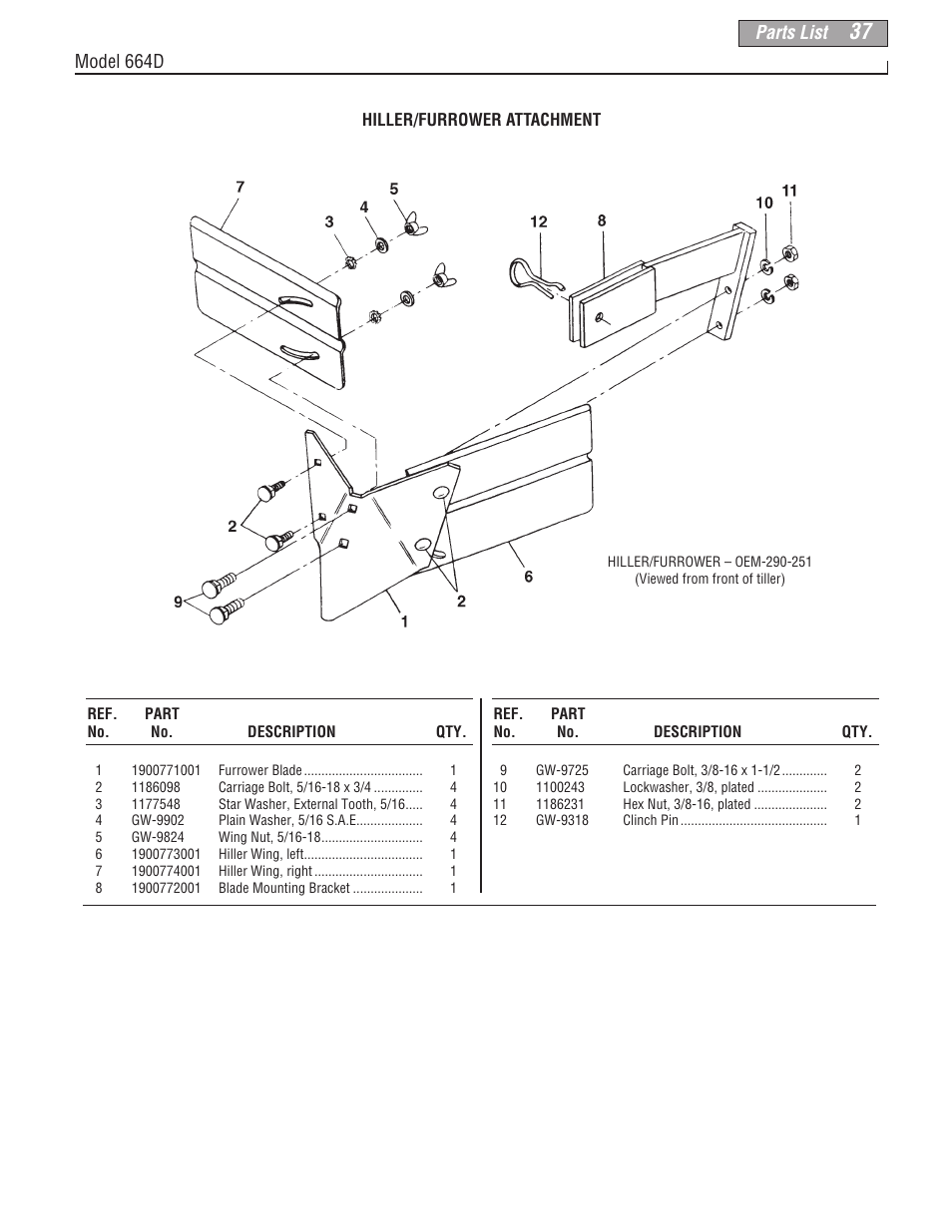 Parts list, Model 664d | Troy-Bilt 664D-Pony User Manual | Page 37 / 40