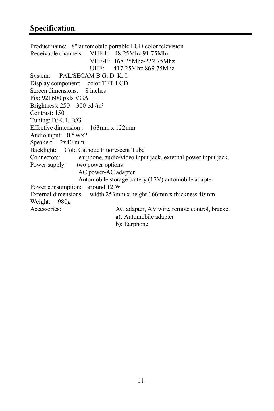 Specification | Hyundai H-LCD800 User Manual | Page 11 / 21