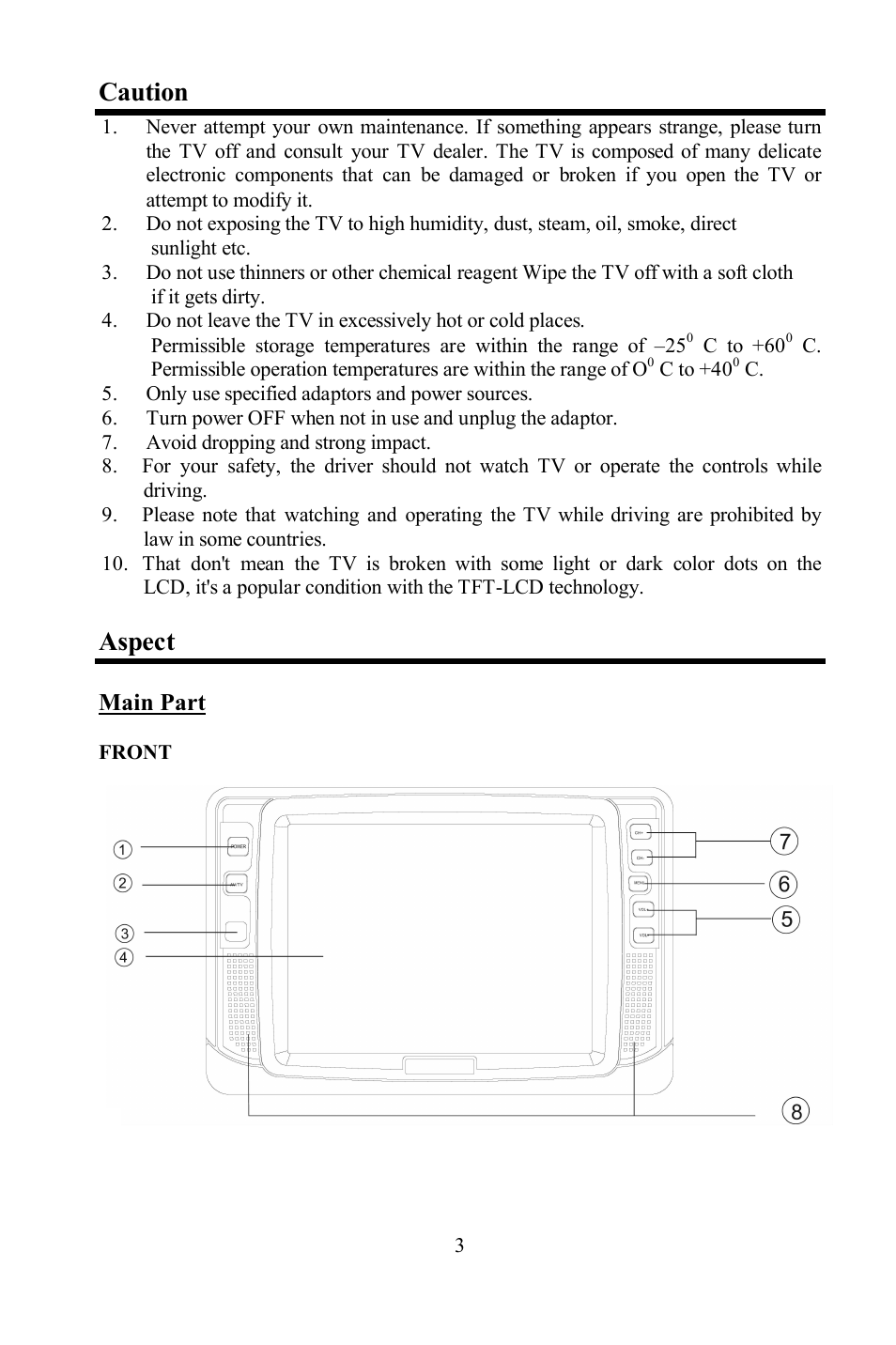 Caution, Aspect, Main part | Hyundai H-LCD800 User Manual | Page 3 / 21