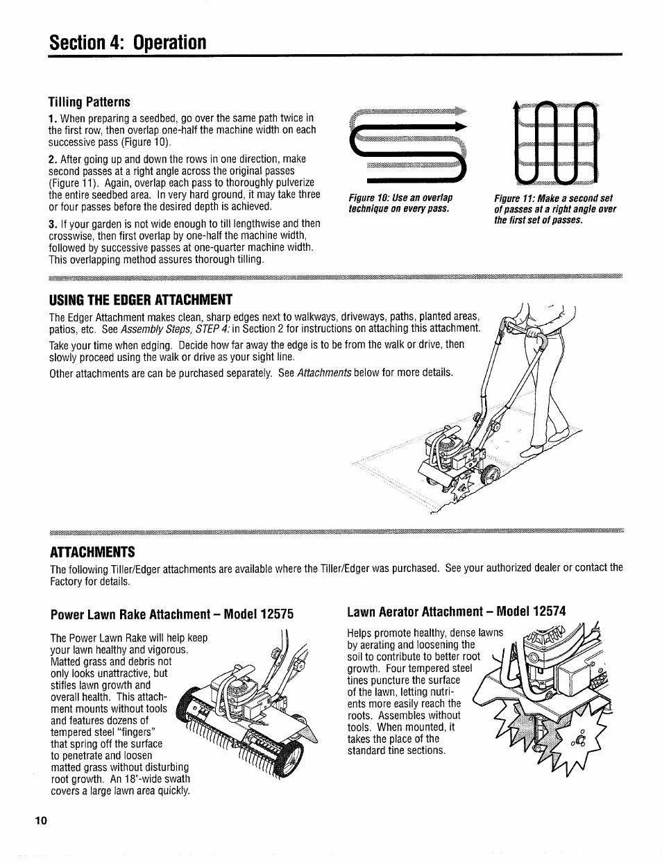 Tilling patterns, Using the edger attachment, Attachments | Power lawn rake attachment - model 12575, Lawn aerator attachment - model 12574 | Troy-Bilt 12097 User Manual | Page 10 / 20