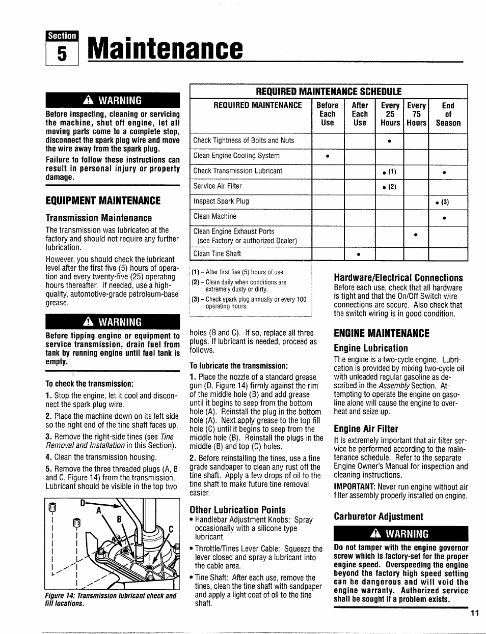 Maintenance, A warning, Equipment maintenance | Transmission maintenance, To check the transmission, To lubricate the transmission, Other lubrication points, Hardware/eiectrical connections, Engine maintenance, Engine lubrication | Troy-Bilt 12097 User Manual | Page 11 / 20