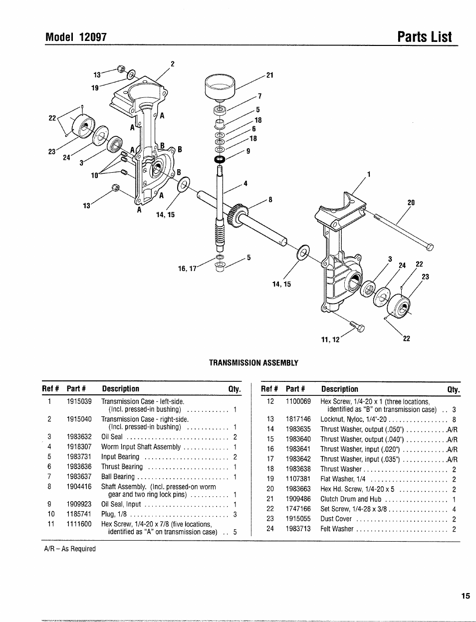 Parts list | Troy-Bilt 12097 User Manual | Page 15 / 20