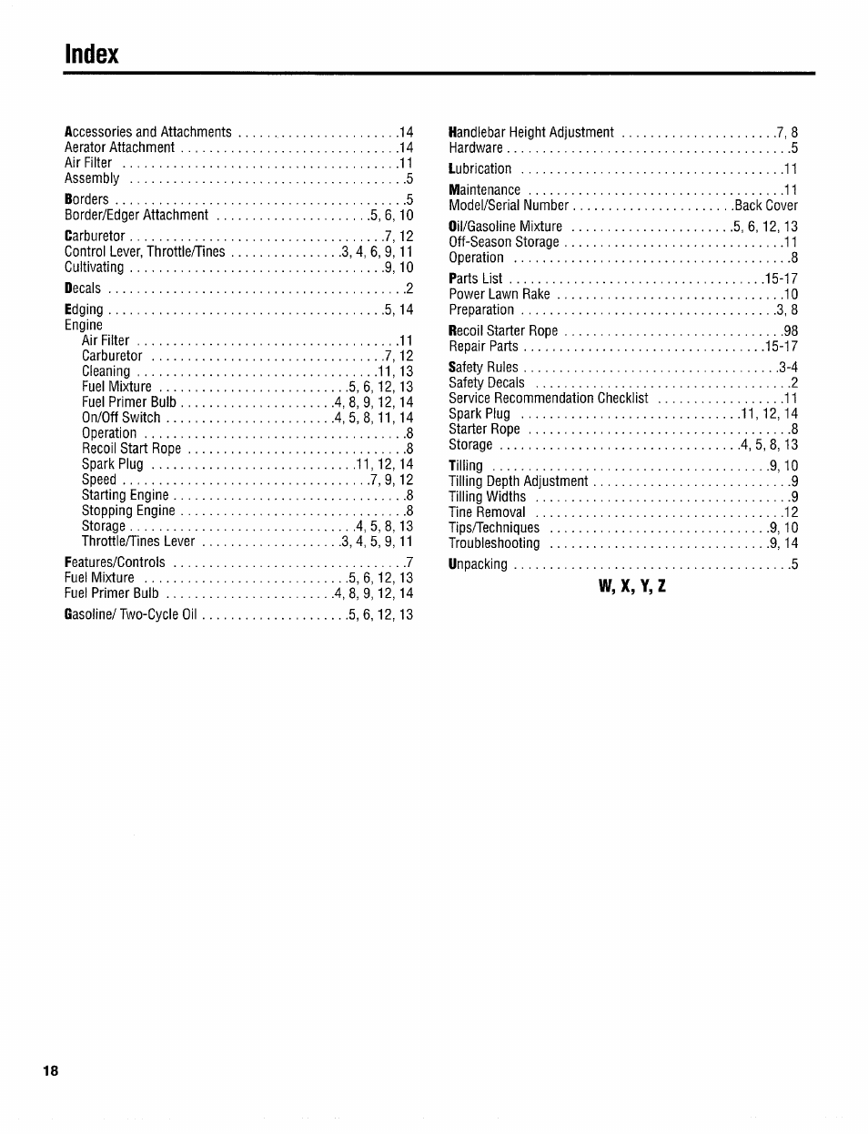Index | Troy-Bilt 12097 User Manual | Page 18 / 20