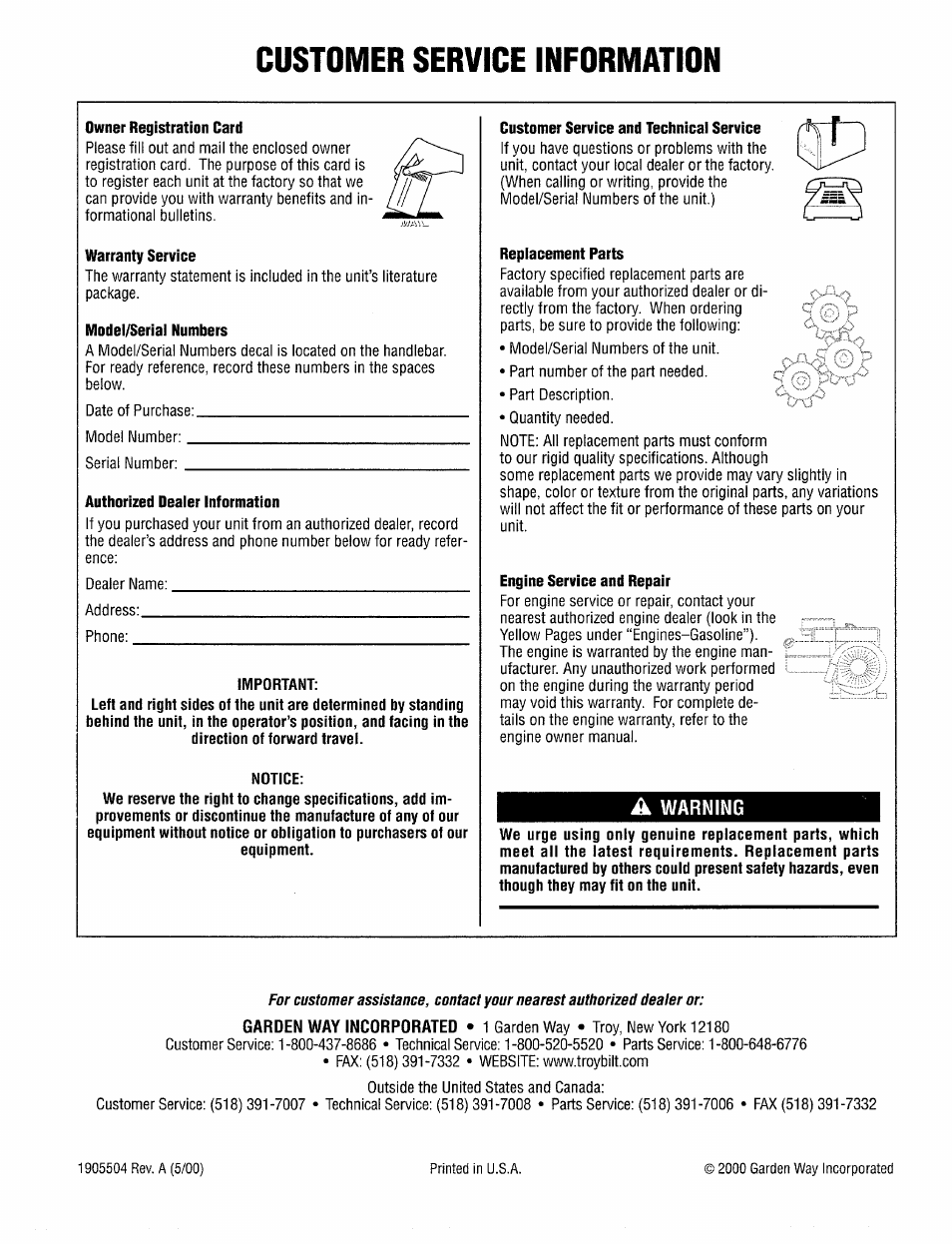 A warning, Customer service information | Troy-Bilt 12097 User Manual | Page 20 / 20