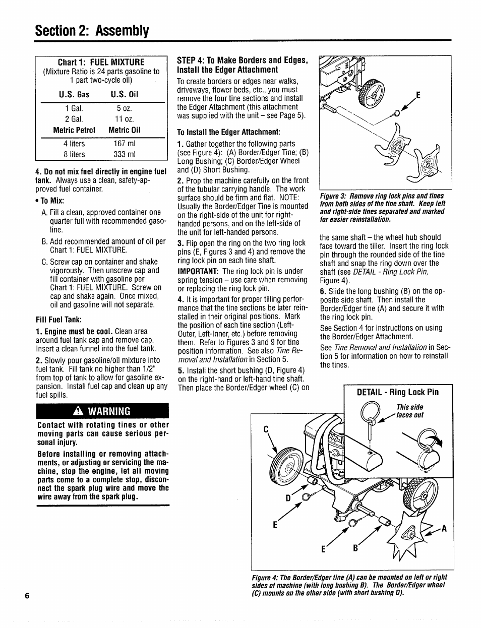 Fill fuel tank, A warning, To install the edger attachment | Troy-Bilt 12097 User Manual | Page 6 / 20