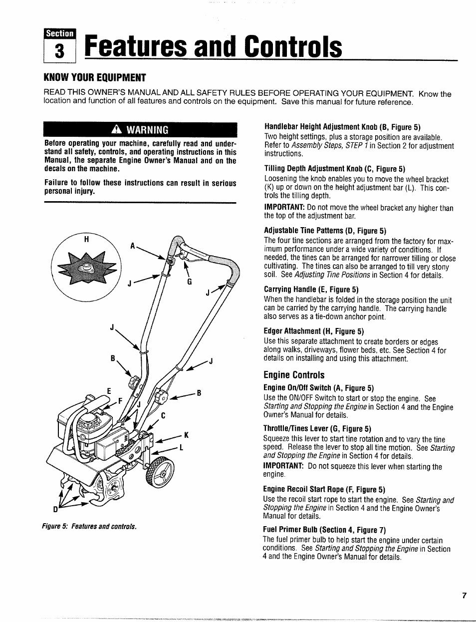 A1 features and controls, Know your equipment, A warning | Handlebar height adjustment knob (b, figure 5), Engine controls, Section 3; features and controls | Troy-Bilt 12097 User Manual | Page 7 / 20