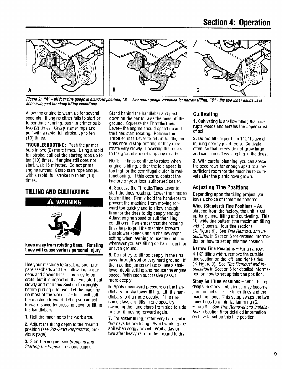 Tilling and cultivating, A warning, Cultivating | Adjusting tine positions | Troy-Bilt 12097 User Manual | Page 9 / 20