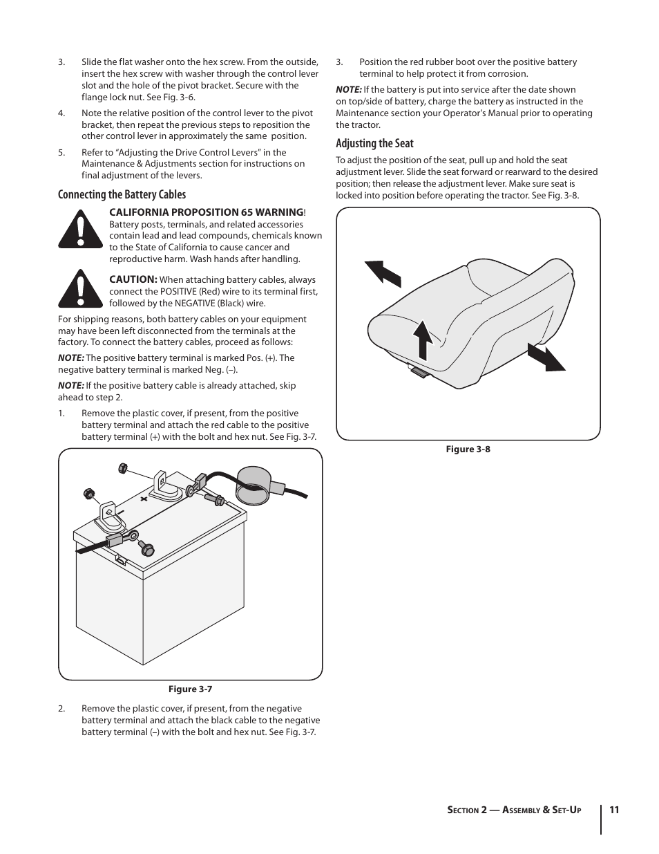 Connecting the battery cables, Adjusting the seat | Troy-Bilt RZT SERIES ZT42 User Manual | Page 11 / 76