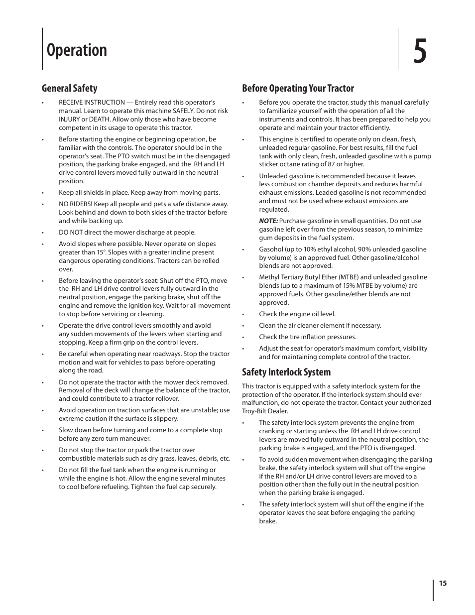 Operation, General safety, Before operating your tractor | Safety interlock system | Troy-Bilt RZT SERIES ZT42 User Manual | Page 15 / 76
