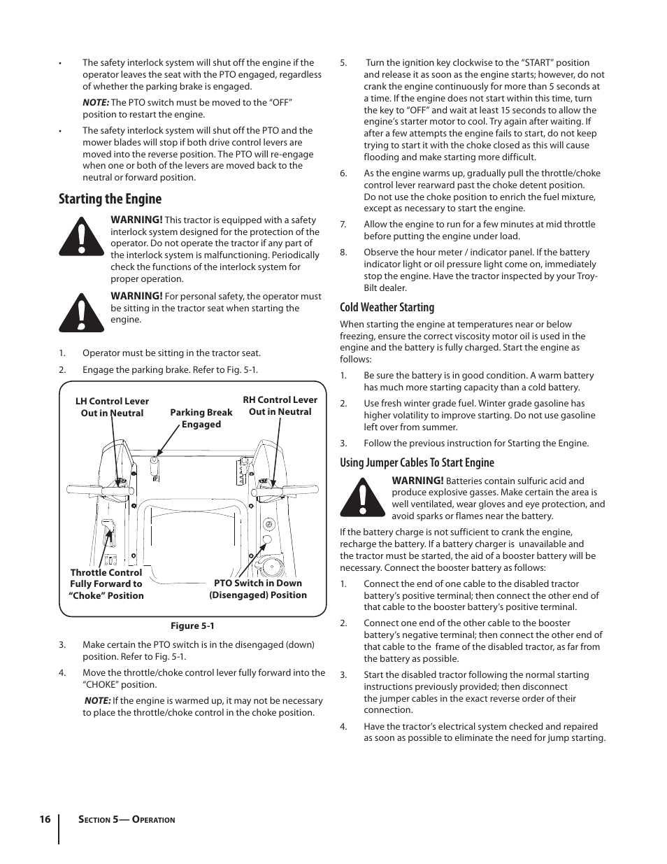 Starting the engine, Cold weather starting, Using jumper cables to start engine | Troy-Bilt RZT SERIES ZT42 User Manual | Page 16 / 76
