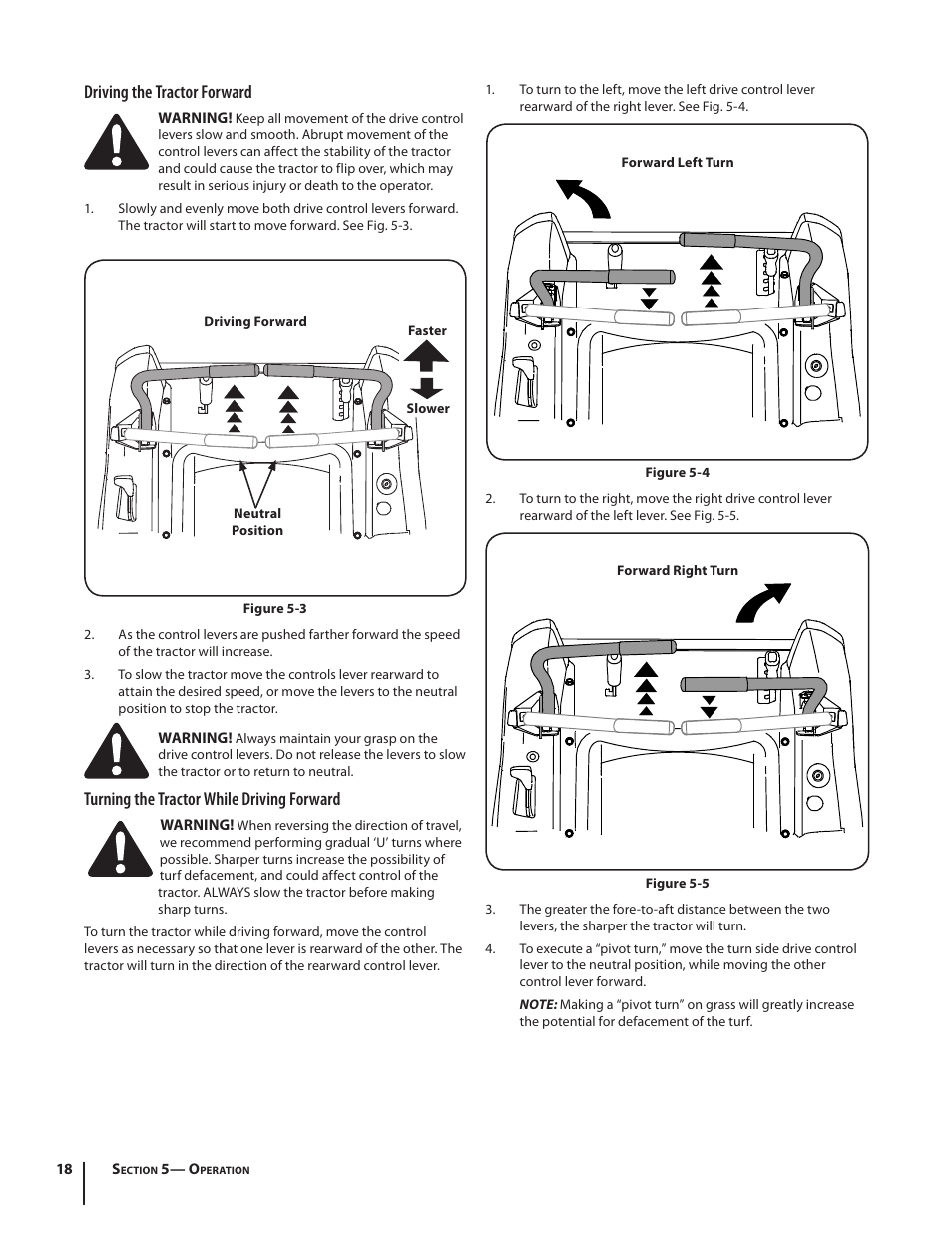 Driving the tractor forward, Turning the tractor while driving forward | Troy-Bilt RZT SERIES ZT42 User Manual | Page 18 / 76