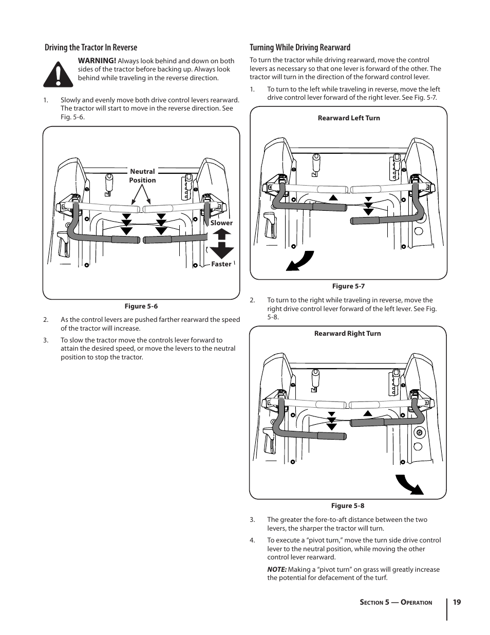 Driving the tractor in reverse, Turning while driving rearward | Troy-Bilt RZT SERIES ZT42 User Manual | Page 19 / 76