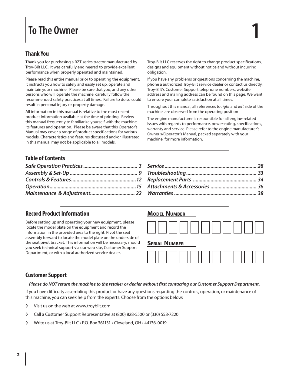 Table of contents customer support | Troy-Bilt RZT SERIES ZT42 User Manual | Page 2 / 76