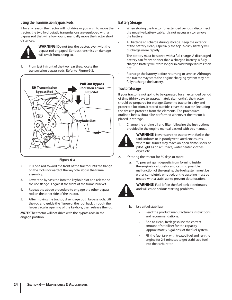 Using the transmission bypass rods, Battery storage, Tractor storage | Troy-Bilt RZT SERIES ZT42 User Manual | Page 24 / 76