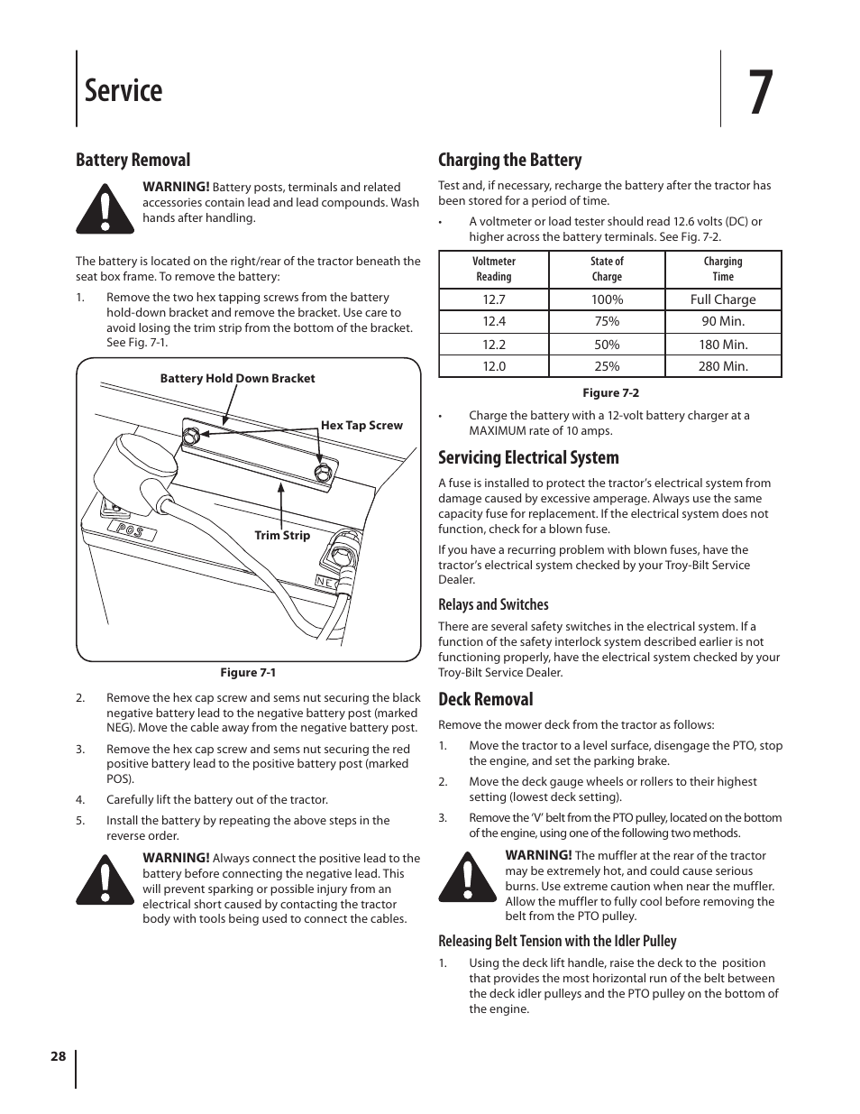 Service, Battery removal, Charging the battery | Servicing electrical system, Deck removal | Troy-Bilt RZT SERIES ZT42 User Manual | Page 28 / 76
