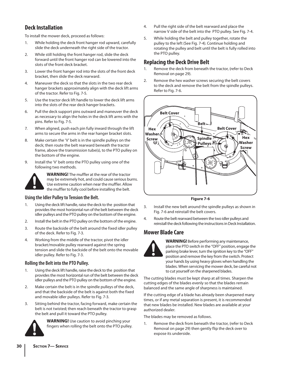 Deck installation, Replacing the deck drive belt, Mower blade care | Using the idler pulley to tension the belt, Rolling the belt into the pto pulley | Troy-Bilt RZT SERIES ZT42 User Manual | Page 30 / 76