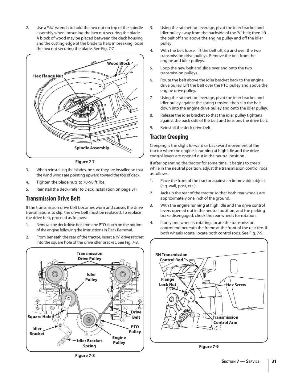 Tractor creeping, Transmission drive belt | Troy-Bilt RZT SERIES ZT42 User Manual | Page 31 / 76