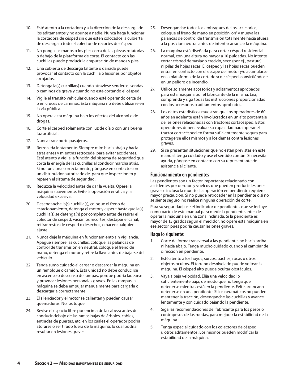 Funcionamiento en pendientes, Haga lo siguiente | Troy-Bilt RZT SERIES ZT42 User Manual | Page 44 / 76