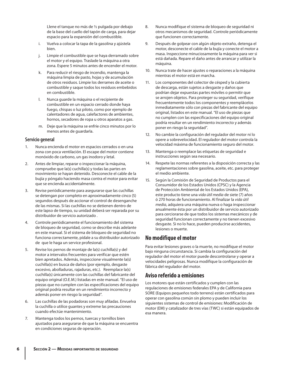 No modifique el motor, Aviso referido a emisiones, Servicio general | Troy-Bilt RZT SERIES ZT42 User Manual | Page 46 / 76