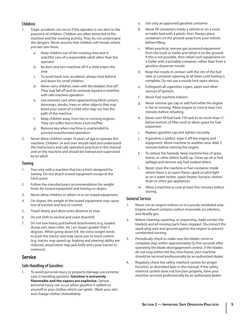 Service, Children, Towing | Safe handling of gasoline, General service | Troy-Bilt RZT SERIES ZT42 User Manual | Page 5 / 76