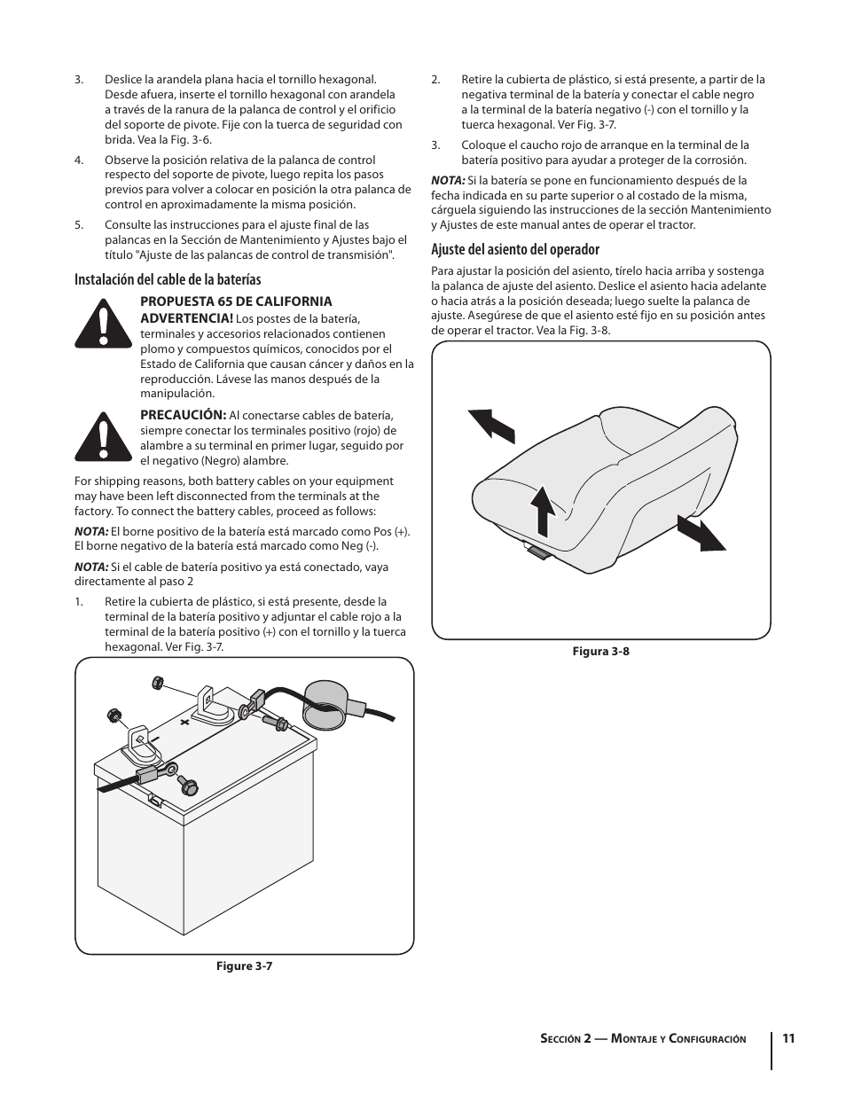 Ajuste del asiento del operador, Instalación del cable de la baterías | Troy-Bilt RZT SERIES ZT42 User Manual | Page 51 / 76