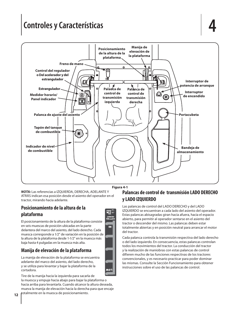 Controles y características, Posicionamiento de la altura de la plataforma, Manija de elevación de la plataforma | Troy-Bilt RZT SERIES ZT42 User Manual | Page 52 / 76