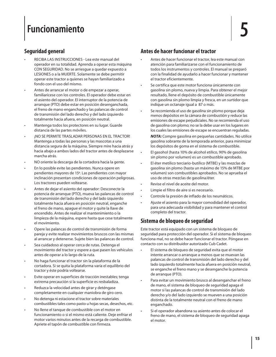 Funcionamiento, Seguridad general, Antes de hacer funcionar el tractor | Sistema de bloqueo de seguridad | Troy-Bilt RZT SERIES ZT42 User Manual | Page 55 / 76