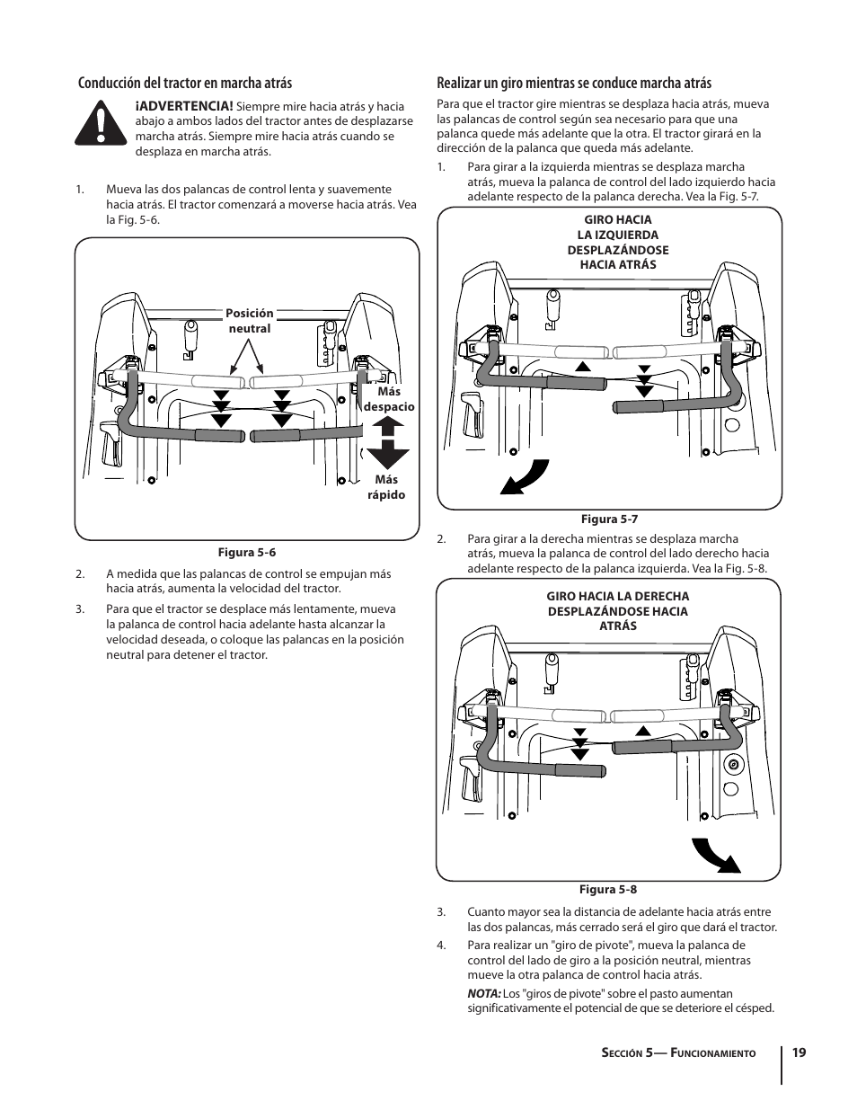Conducción del tractor en marcha atrás, Realizar un giro mientras se conduce marcha atrás | Troy-Bilt RZT SERIES ZT42 User Manual | Page 59 / 76