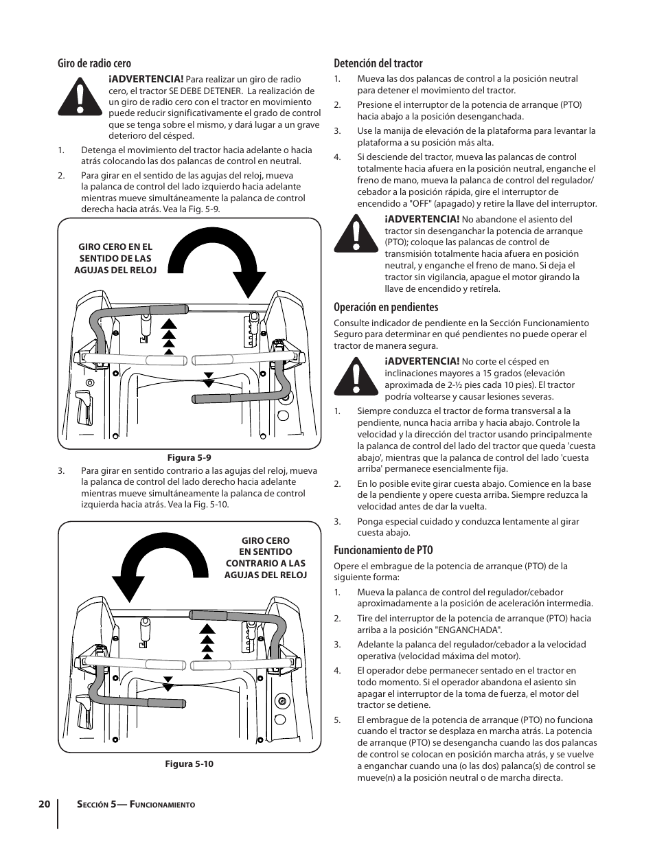 Giro de radio cero, Detención del tractor, Operación en pendientes | Funcionamiento de pto | Troy-Bilt RZT SERIES ZT42 User Manual | Page 60 / 76