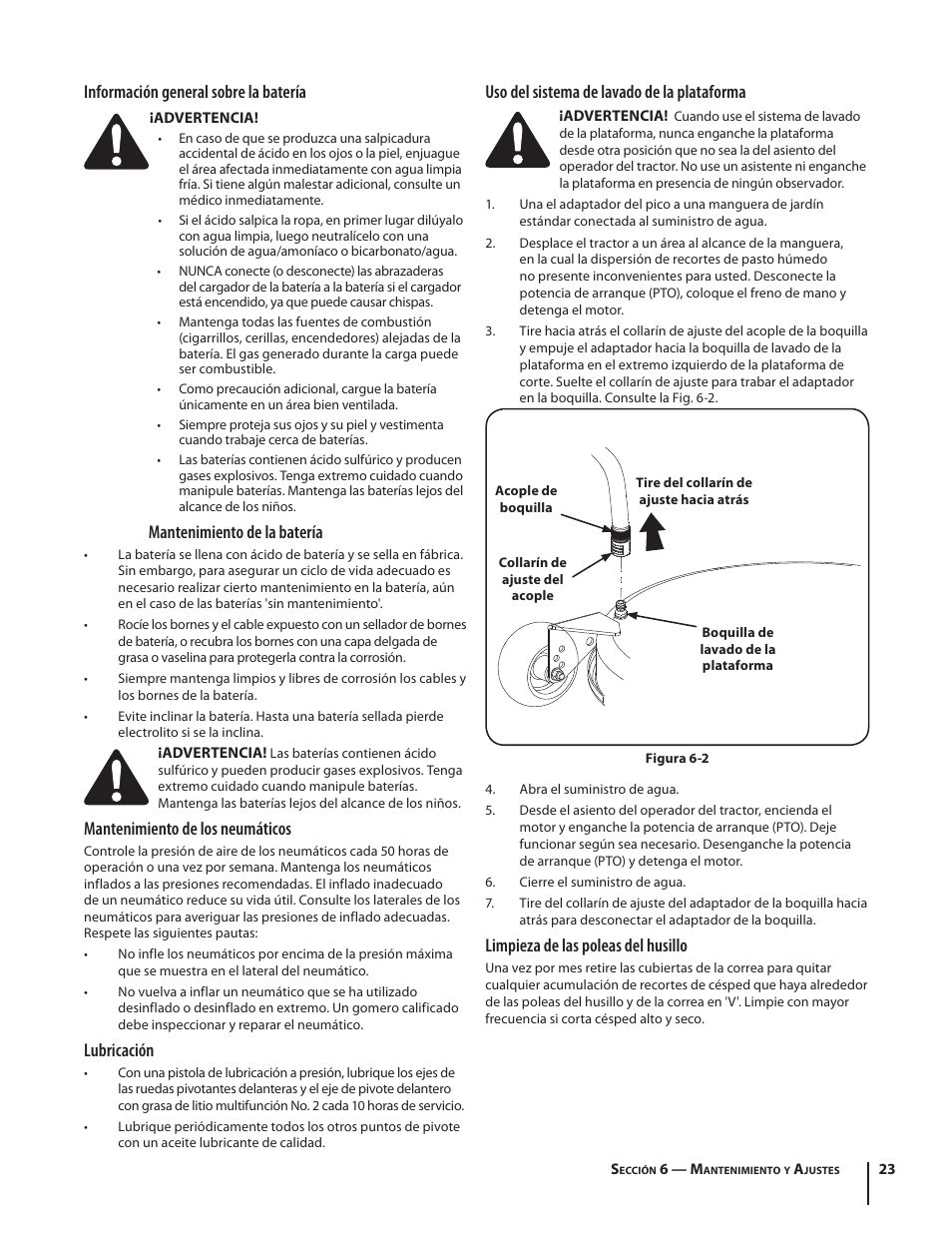 Información general sobre la batería, Mantenimiento de la batería, Mantenimiento de los neumáticos | Lubricación, Uso del sistema de lavado de la plataforma, Limpieza de las poleas del husillo | Troy-Bilt RZT SERIES ZT42 User Manual | Page 63 / 76