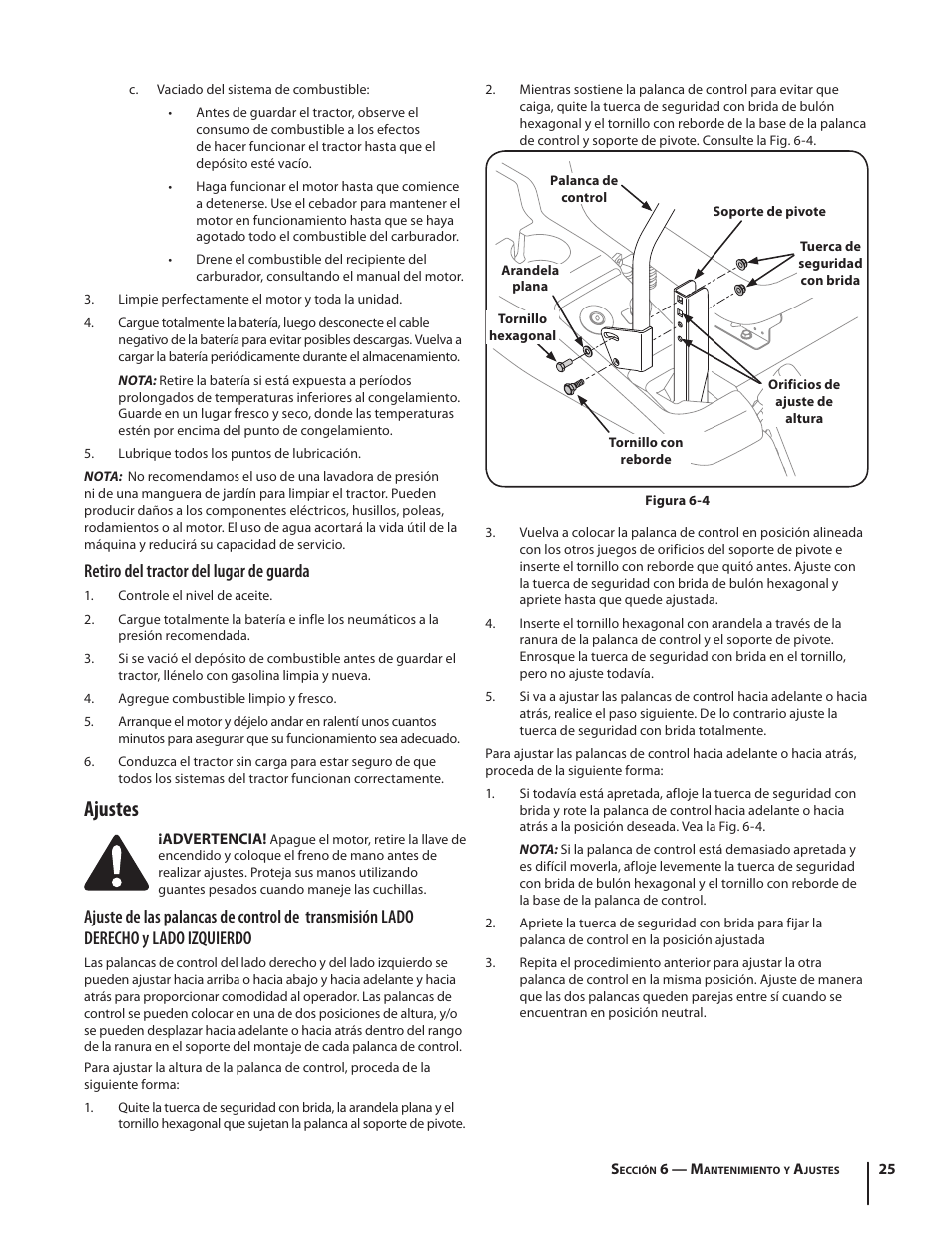 Ajustes, Retiro del tractor del lugar de guarda | Troy-Bilt RZT SERIES ZT42 User Manual | Page 65 / 76