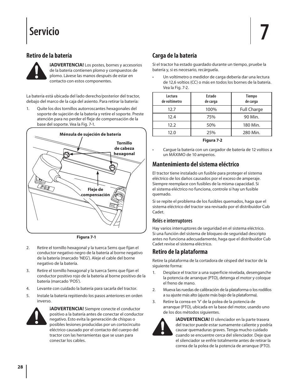 Servicio, Retiro de la batería, Carga de la batería | Mantenimiento del sistema eléctrico, Retiro de la plataforma | Troy-Bilt RZT SERIES ZT42 User Manual | Page 68 / 76