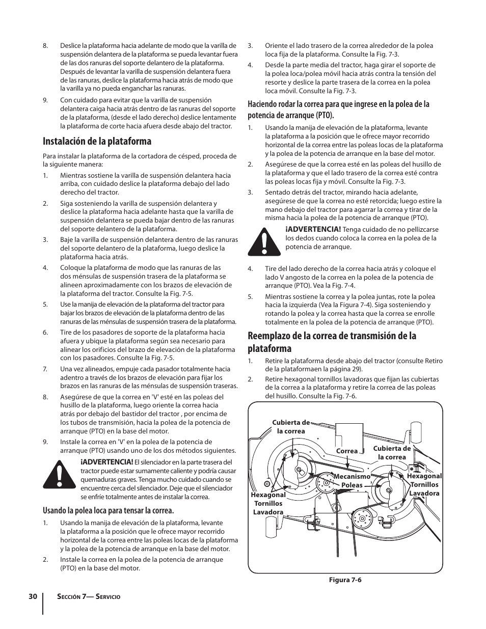 Instalación de la plataforma, Usando la polea loca para tensar la correa | Troy-Bilt RZT SERIES ZT42 User Manual | Page 70 / 76