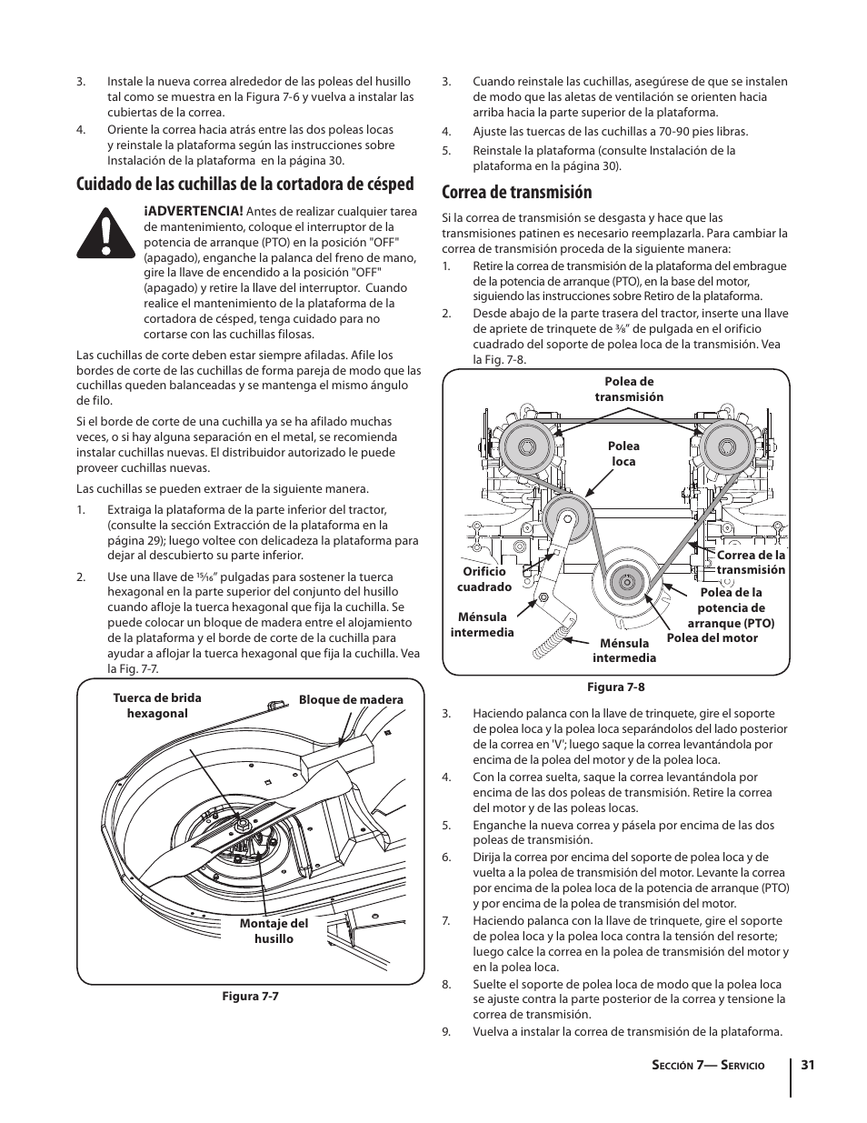 Cuidado de las cuchillas de la cortadora de césped, Correa de transmisión | Troy-Bilt RZT SERIES ZT42 User Manual | Page 71 / 76