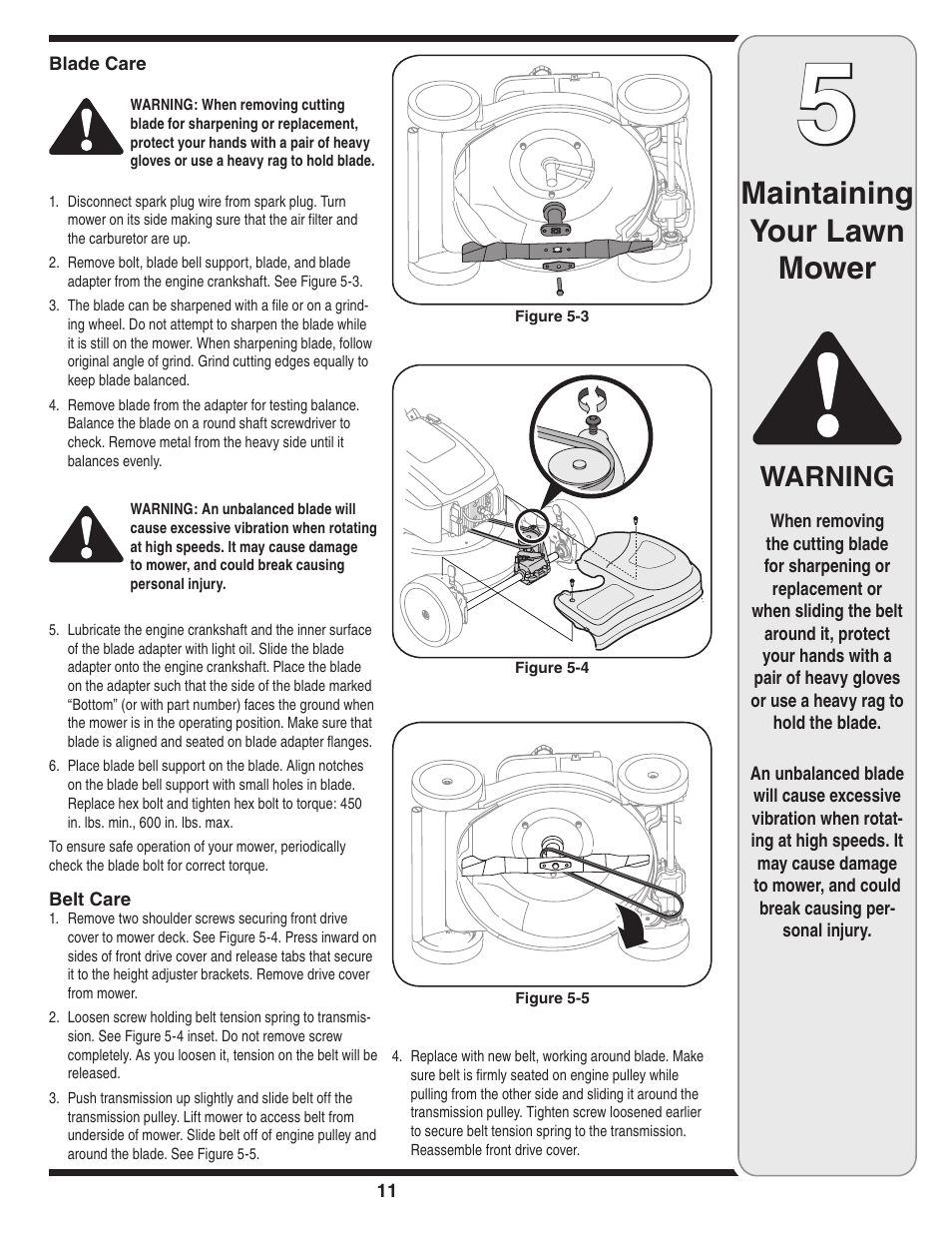 Maintaining your lawn mower, Warning | Troy-Bilt 440 User Manual | Page 11 / 18
